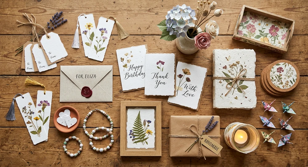 Handmade greeting cards, gift tags and a wax-sealed envelope