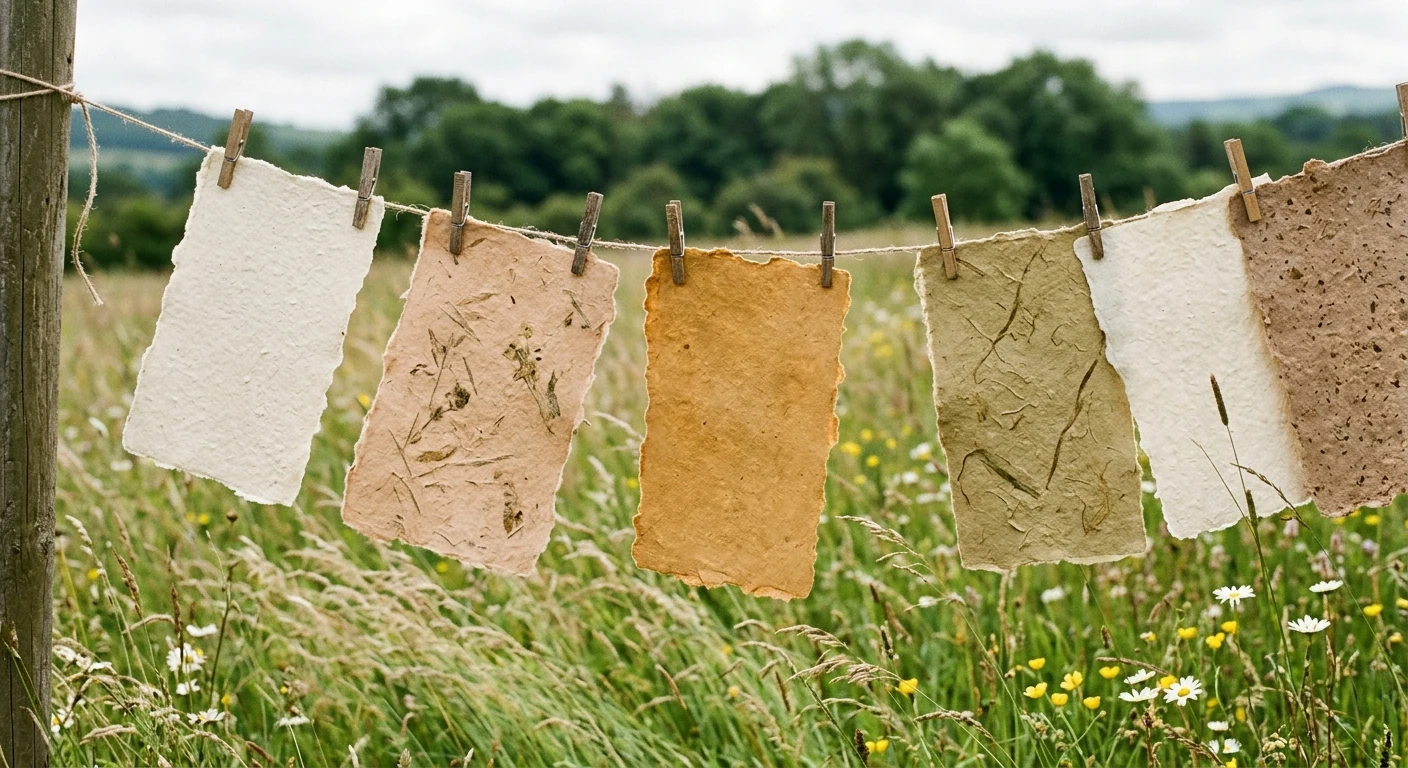 Sheets of handmade paper in cream, blush, ochre and sage drying on a clothesline in a wildflower meadow