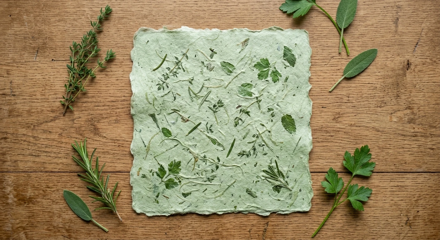 Handmade paper made with garden herbs and lavender sprigs